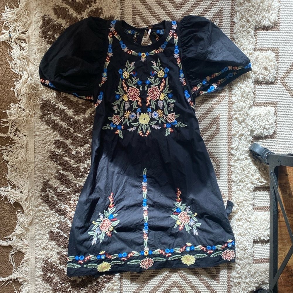 Free People embroidered floral black dress puff sleeve
